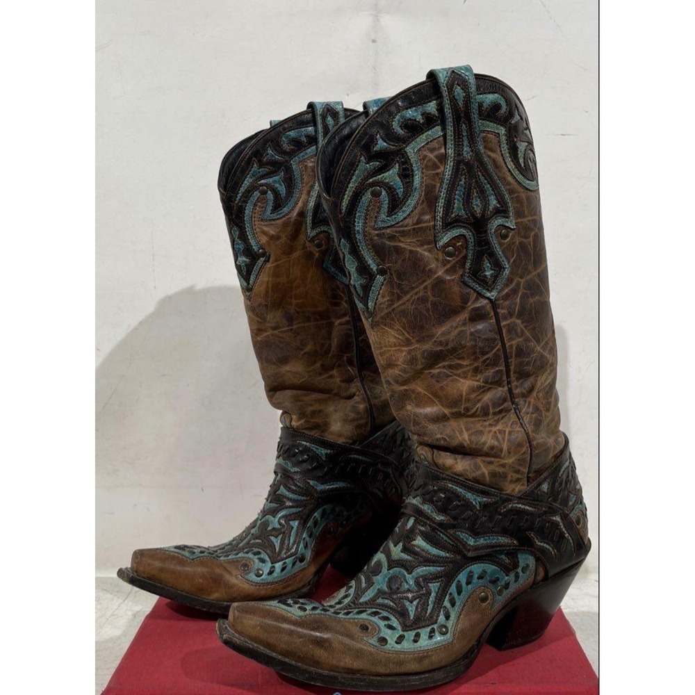 Black Star Womens Brown Turquoise Leather Snip Toe Western Cowboy Boots 7.5 M